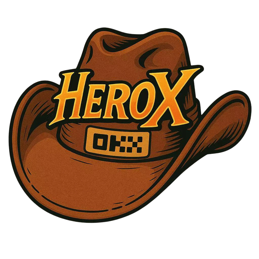 HeroX logo - cowboy hat with golden lettering